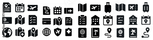 Travel and tourism solid icons set – filled, vacation, journey symbols