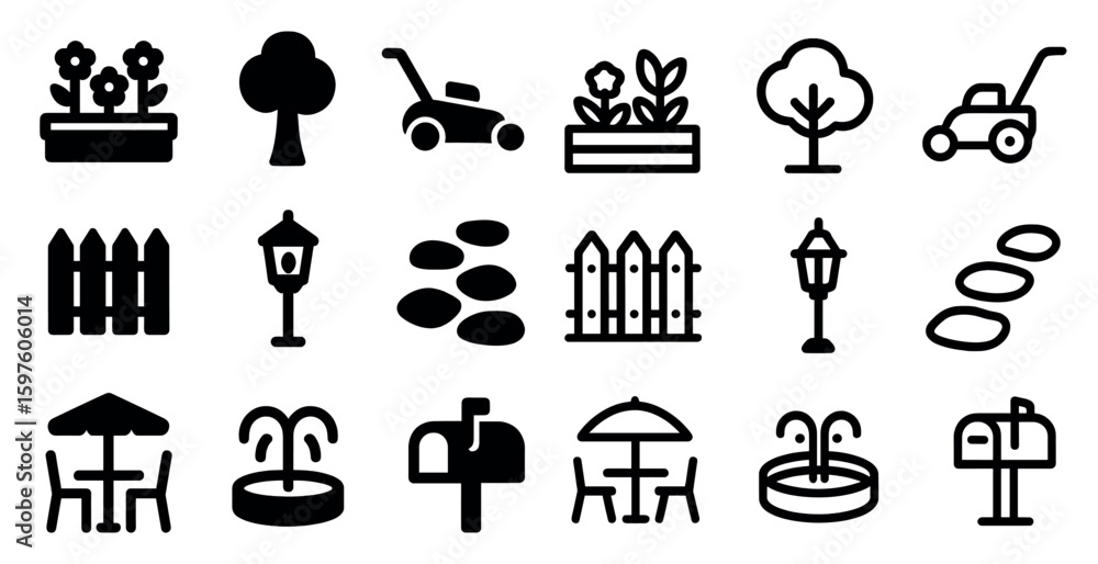 Gardening and outdoor line icons set – flat, silhouette, nature and landscaping symbols