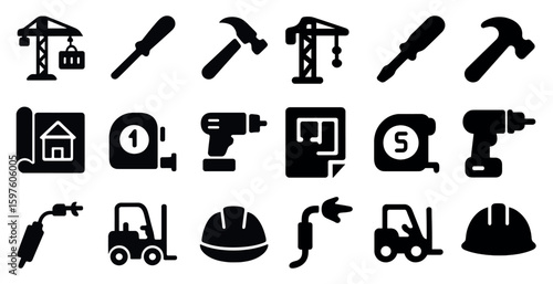 Construction and tools solid icons set – industrial, filled, building symbols