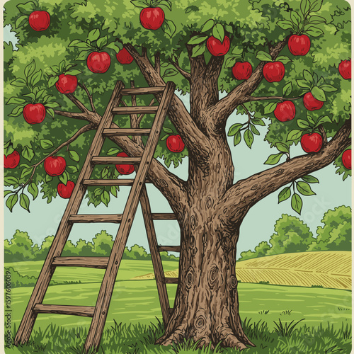 Apple tree with ladder and ripe red apples, rural farm style, warm organic tones, vector illustration