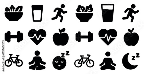 Health and fitness solid icons set – filled, wellness, exercise symbols
