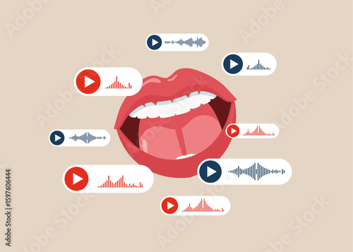 Talks a lot and without stopping. Mouth and lips with voice messages and sound waves. Wiretapping. Discussion, conversation, meeting, team communication. Flat vector illustration.