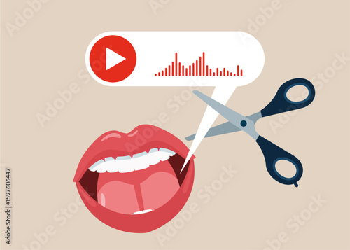 Talks a lot and without stopping. Do not disturb. Uses scissors to cut out the voice message. Block unwanted voice messages, filter voice messages from unknown senders. Flat vector illustration.