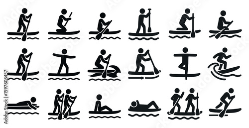 Watersports silhouette icons set – solid, filled, surfing and paddleboarding graphics