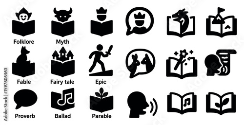 Folklore and myth icon set – filled, silhouette, storytelling symbols