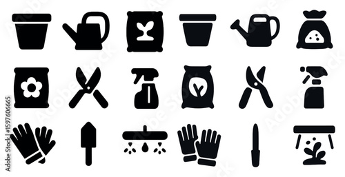 Gardening solid icons set – filled, garden tools, planting and cultivation symbols