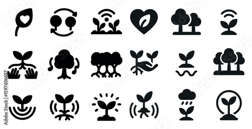 Ecology and environment icons set - silhouette, solid, nature and sustainability symbols