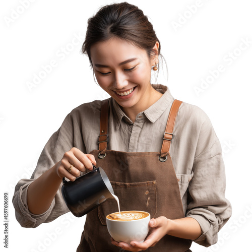 Smiling Asian female barista wearing a blank brown apron, preparing coffee and pouring whipped cream from a pitcher into a cup. Mockup for adding logo, brand name. Isolated on transparent background