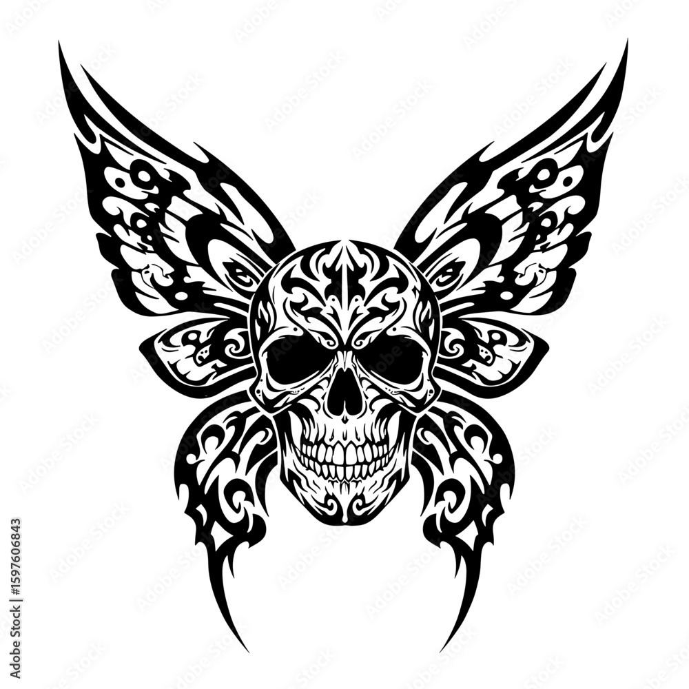 Fototapeta premium Skull with butterfly wings in bold tribal design, solid black with sharp flowing lines and interconnected patterns on white background
