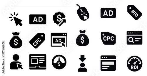 Digital marketing solid icons set – filled, advertising, cpc strategies symbols