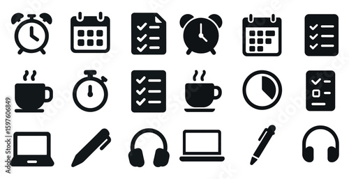 Time management solid icons set – flat, filled, productivity and scheduling tools