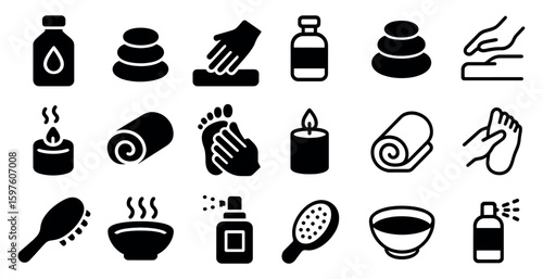 Spa and wellness solid icons set – silhouette, filled, massage and relaxation symbols