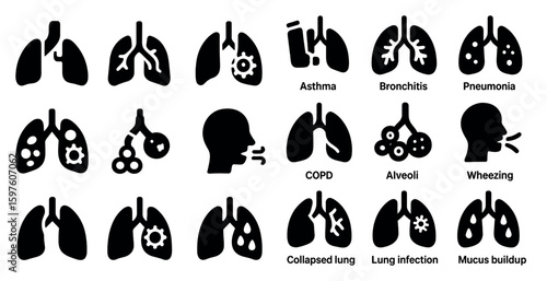 Healthcare and medical solid icons set – filled, silhouette, respiratory and illness symbols
