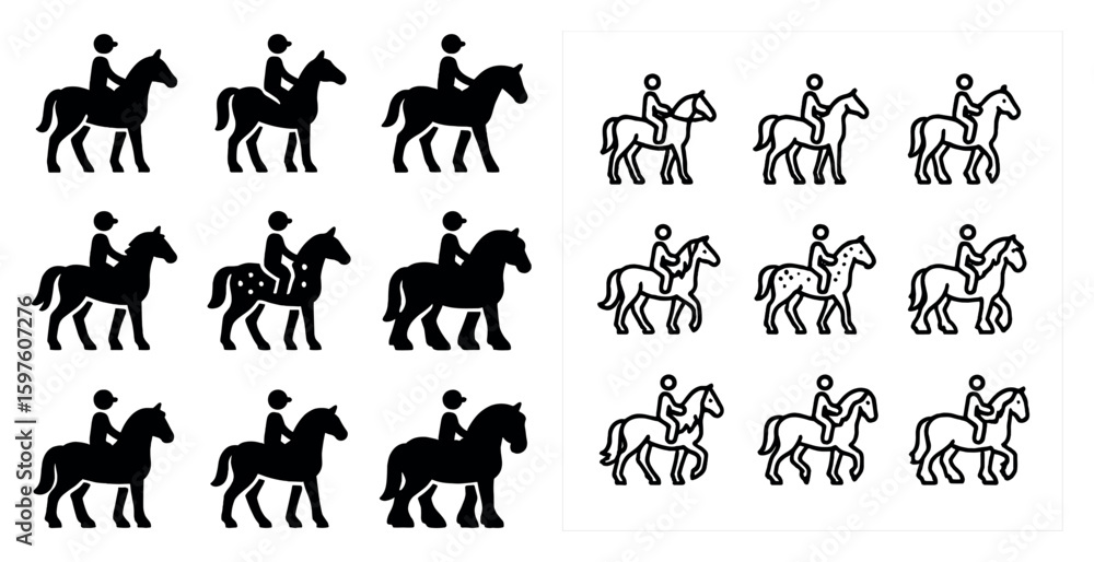 Obraz premium Equestrian silhouette icons set – solid, filled, horse and rider symbols collection