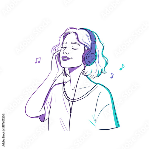 Woman with eyes closed listening to music through headphones, joyful and serene mood, minimalist black and white line illustration with bright turquoise and violet accents, on white background
