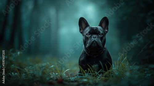 Black French Bulldog in a mystical forest