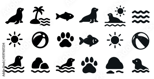 Sea life solid icons set – ocean, marine, aquatic animal symbols