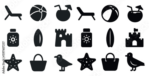 Beach and summer fun icons set – silhouette, solid, vacation symbols