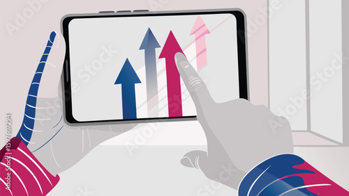 Robot hand holding a smartphone displaying upward trending arrows with a finger touching screen
