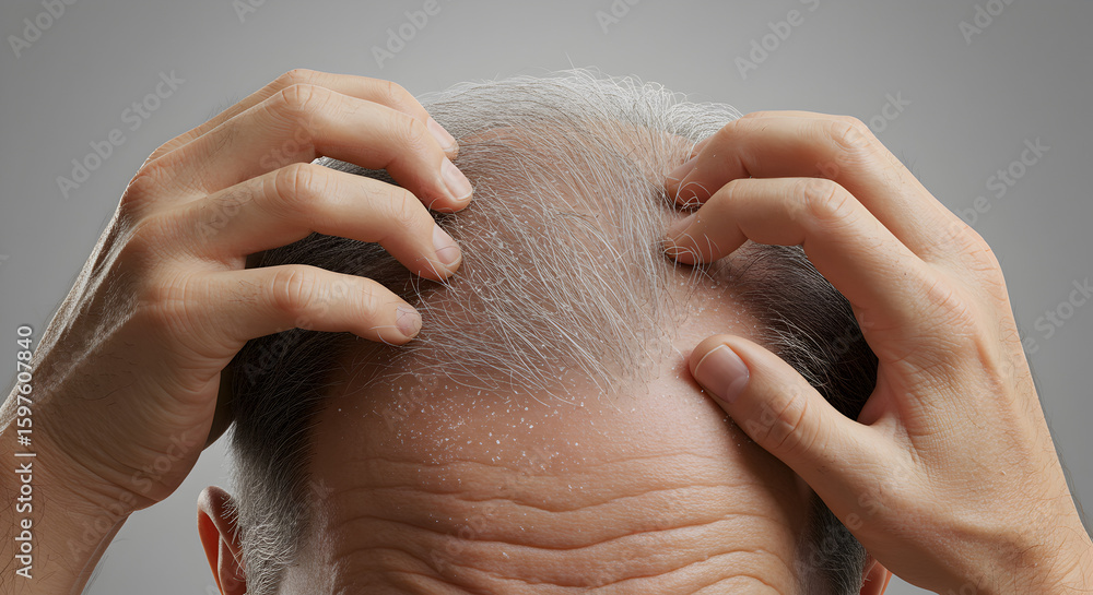 Naklejka premium Close Up of Person Scratching Dandruff Covered Scalp with Gray Background Healthcare Theme
