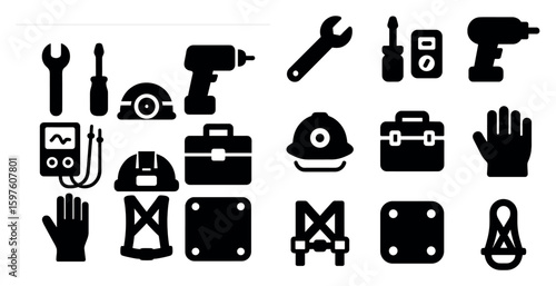 Industrial tools icons set – solid, filled, construction and maintenance symbols