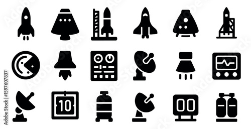 Space exploration solid icons set – filled, rocket, satellite and mission symbols