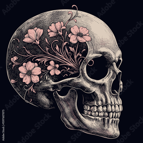 Stylized side-view skull with blooming flowers and vines from eye socket, vector art with soft lines and pastel colors, symbolic and elegant