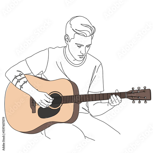 Musician playing acoustic guitar with relaxed and artistic mood, minimalist black and white line drawing with subtle pastel highlights on guitar strings and small tattoo, on white background