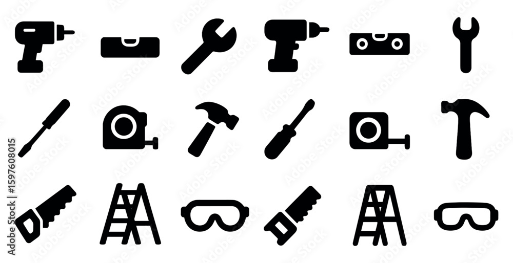 Fototapeta premium Construction and tools solid icons set – filled, building, equipment symbols