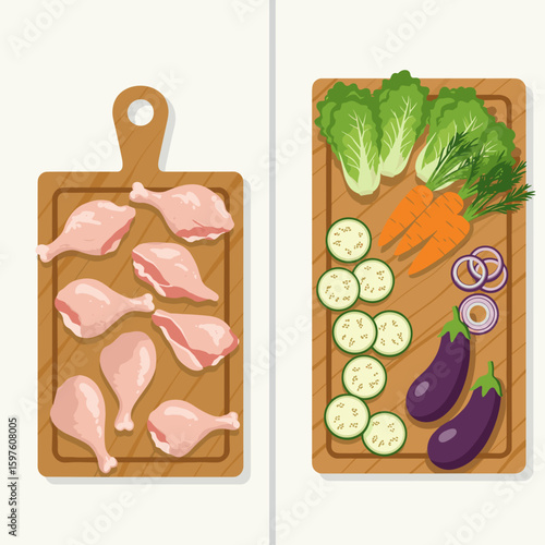 Top-down vector of kitchen counter with separated cutting boards, raw chicken on one and fresh vegetables on the other, clean minimalist layout
