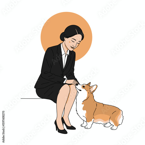 Chinese woman in power suit petting a corgi with confident and gentle mood, minimalist black and white line drawing vector logo with pastel colors on white background 