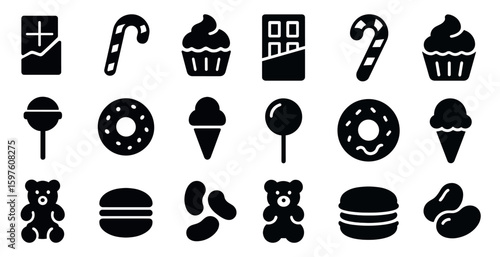 Confectionery solid icons set – filled, sweets and dessert graphic symbols