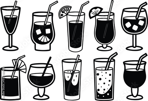 Silhouette Vector Set of Cocktail Drink Icons in Minimalist Line Style