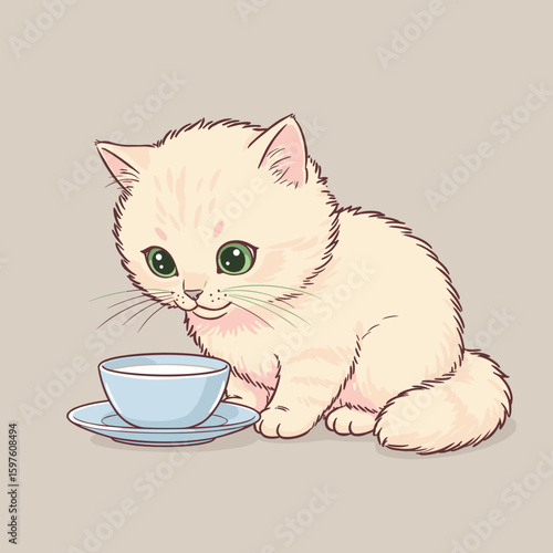 Fluffy kitten drinking milk from small saucer, cute flat vector illustration with soft pastel colors and warm cozy atmosphere