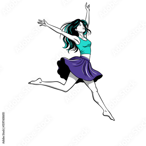 Young woman mid-leap with energetic mood, minimalist black and white line illustration with bright turquoise and violet accents on hair and skirt, vector style on white background
