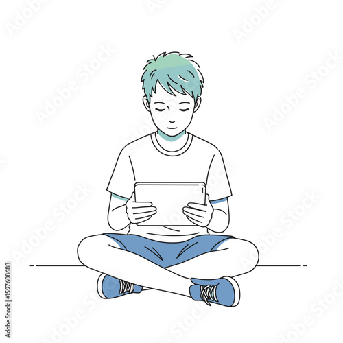 Boy with tousled hair using tablet cross-legged, minimalist black and white line drawing with bright blue and soft green accents on white background