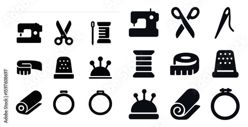 Sewing solid icons set – stitching, embroidery, crafting symbols for designers