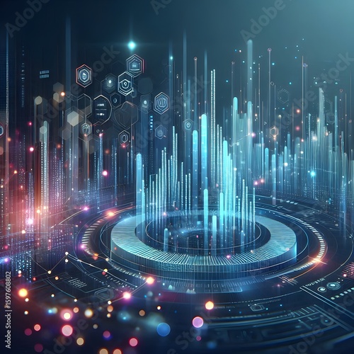 Abstract blue fiber optics background with glowing light spots and vibrant technology-inspired design