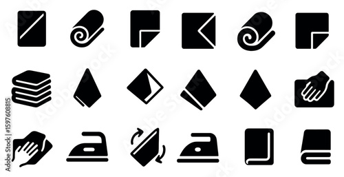 Laundry and garment care icons set – solid, silhouette, washing and ironing symbols