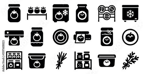 Food preservation solid icons set – jars, storage, and kitchen essentials