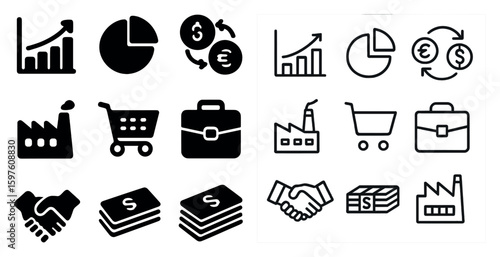 Business and finance solid icons set – charts, commerce, money management symbols