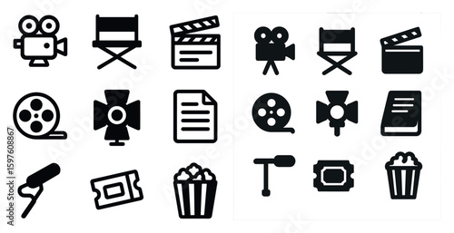 Cinema and movie icons set – solid, silhouette, film and multimedia symbols