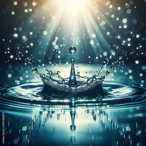 Water drop splash creating blue ripple with clear fresh liquid droplets