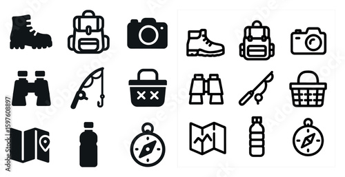 Outdoor adventure icons set – solid, silhouette, hiking and camping symbols