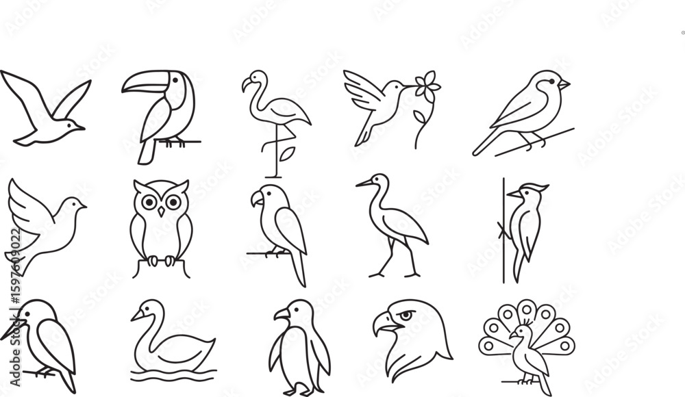 Fototapeta premium Bird icon set vector line for website, mobile app, presentation, social media