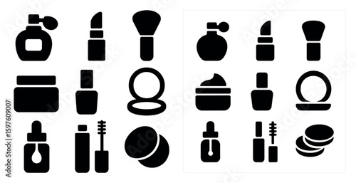 Cosmetic and beauty silhouette icons set – filled, solid, makeup and skincare symbols
