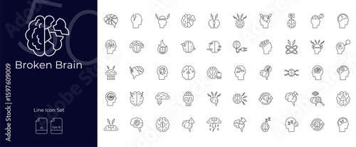 Broken Brain Line Editable Icons set. Vector illustration in modern thin line style of Broken Brain icons: brain, mental health, psychotherapy, etc
