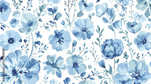 Floral pattern of Blue flowers and leaves on a white background., seamless pattern with flowers