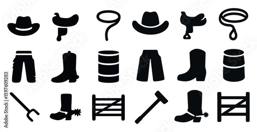 Wild west silhouette icons set – cowboy, rodeo, western themed symbols