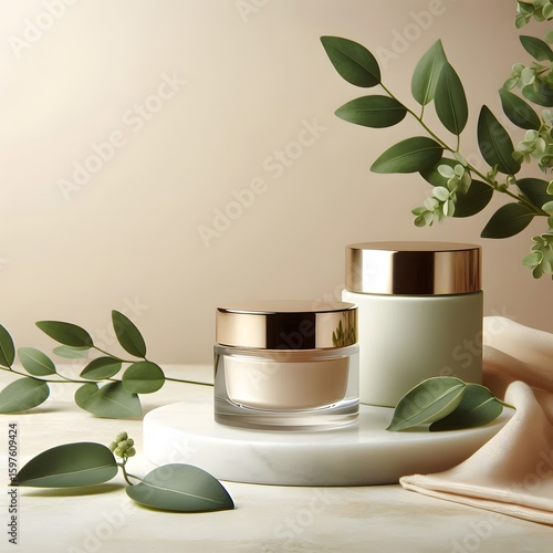 Spa still life scene with bamboo leaves flowers and natural beauty products on a table